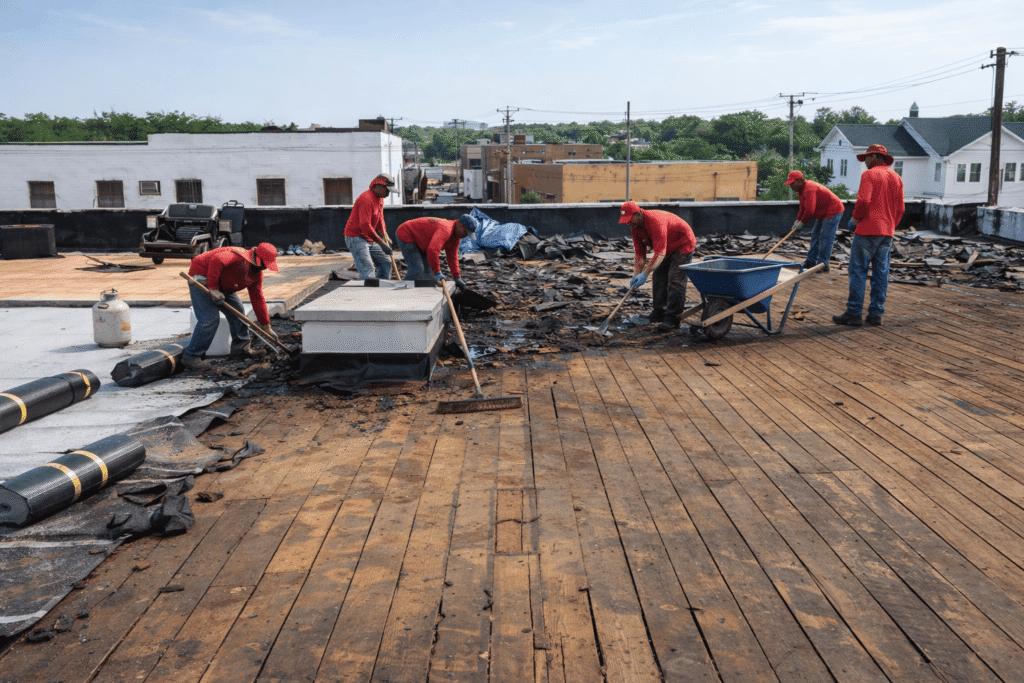 Commercial roofing contractors removing old roofing materials from a flat roof during a roof replacement project.