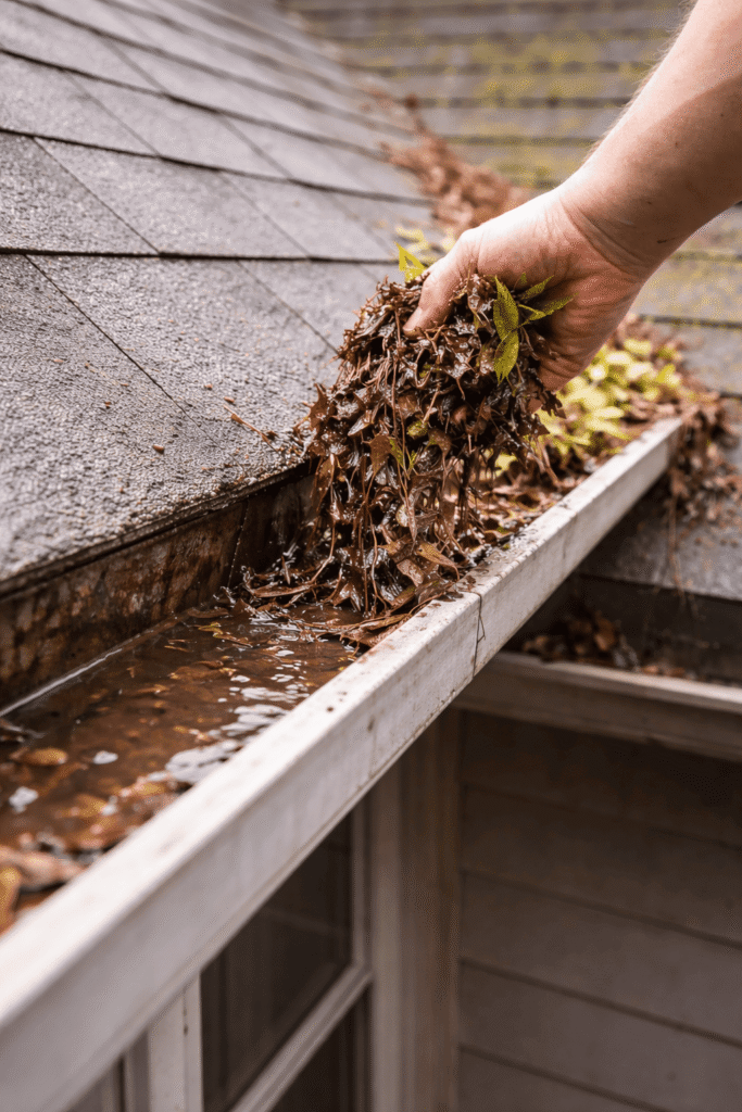 Residential gutter cleaning by Legacy Contractor in Orange County NJ removing leaves and debris from roof gutters.