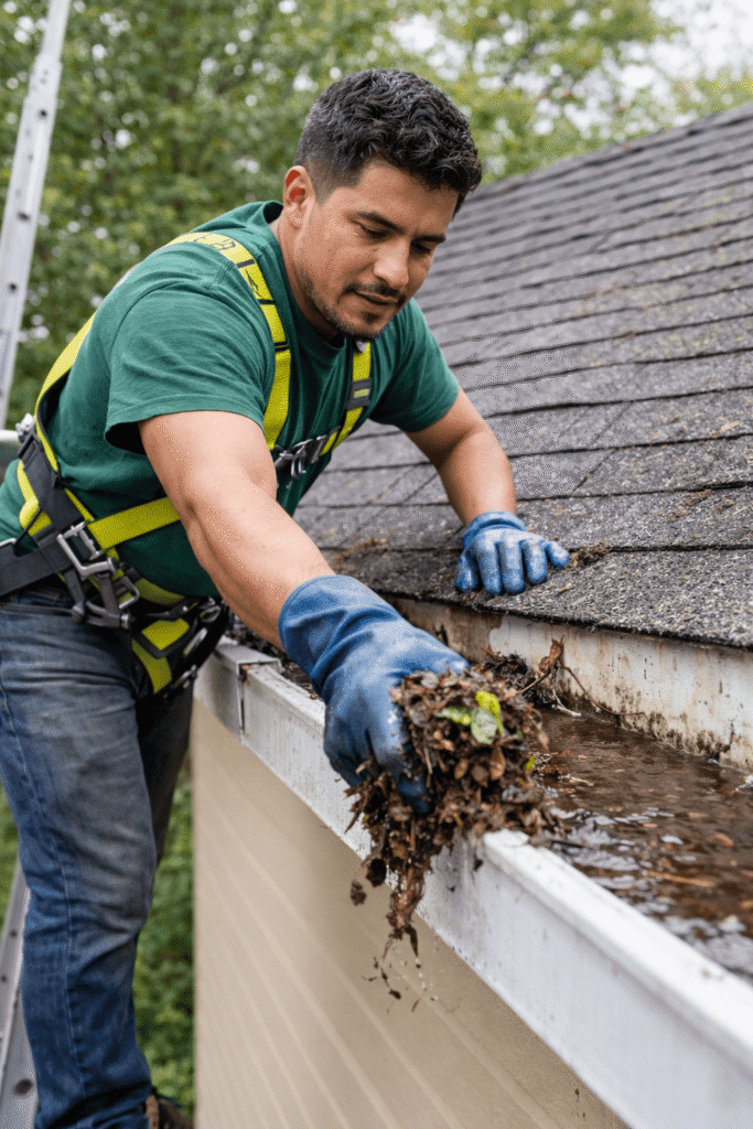 Gutter cleaning service by Legacy Contractor in Orange County NJ removing debris from residential roof gutters.