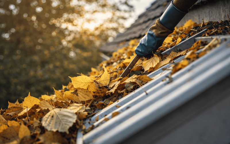 Seasonal gutter cleaning service by Legacy Contractor in Orange County NJ removing autumn leaves from roof gutters.
